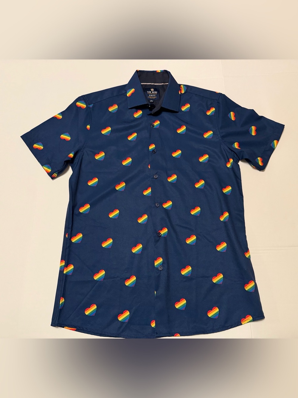 Tom Baine Men's Navy Short-Sleeve Button-Up Shirt with Rainbow Pride Hearts Med